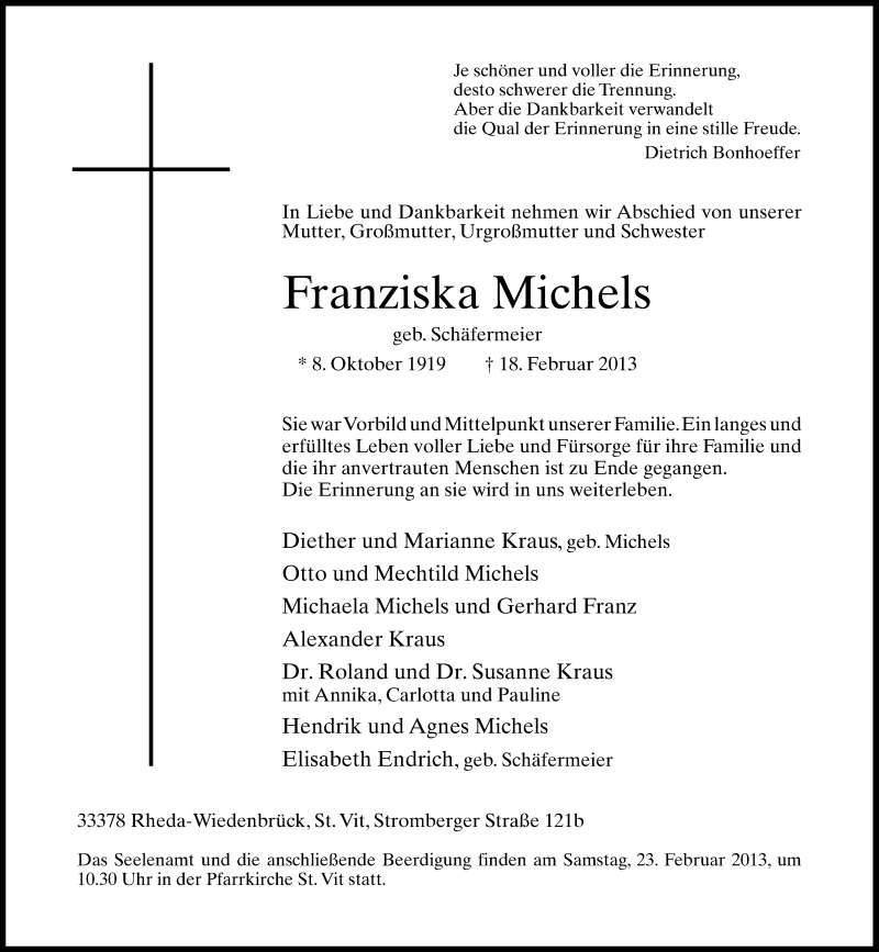  Traueranzeige für Franziska Michels vom 21.02.2013 aus Neue Westfälische