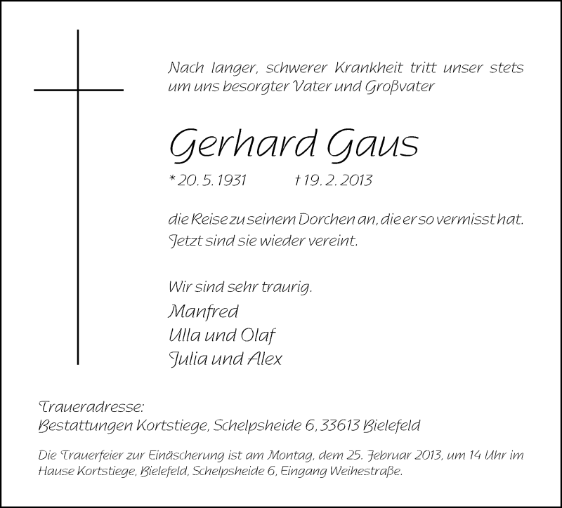  Traueranzeige für Gerhard Gaus vom 22.02.2013 aus Neue Westfälische