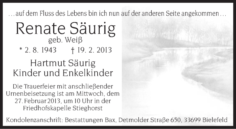  Traueranzeige für Renate Säurig vom 23.02.2013 aus Neue Westfälische