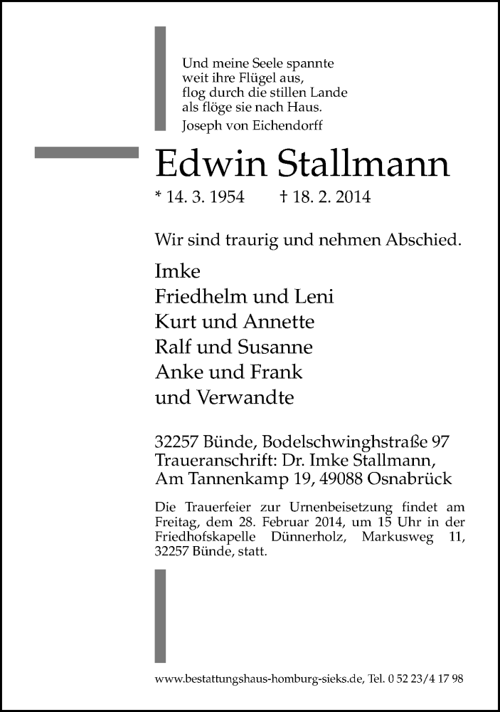  Traueranzeige für Edwin Stallmann vom 22.02.2014 aus Neue Westfälische
