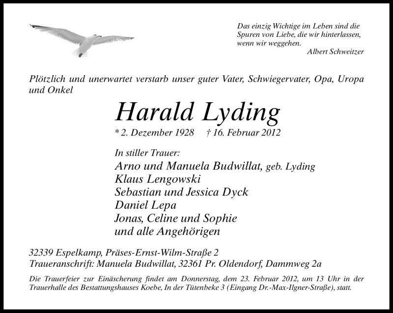  Traueranzeige für Harald Lyding vom 20.02.2012 aus Neue Westfälische
