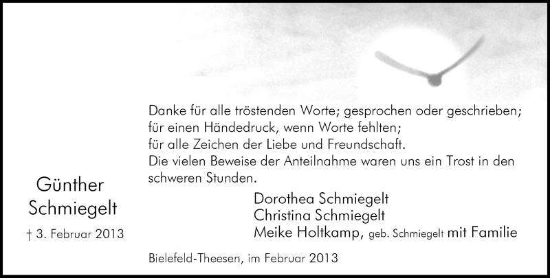 Traueranzeige für Günther Schmiegelt vom 23.02.2013 aus Neue Westfälische