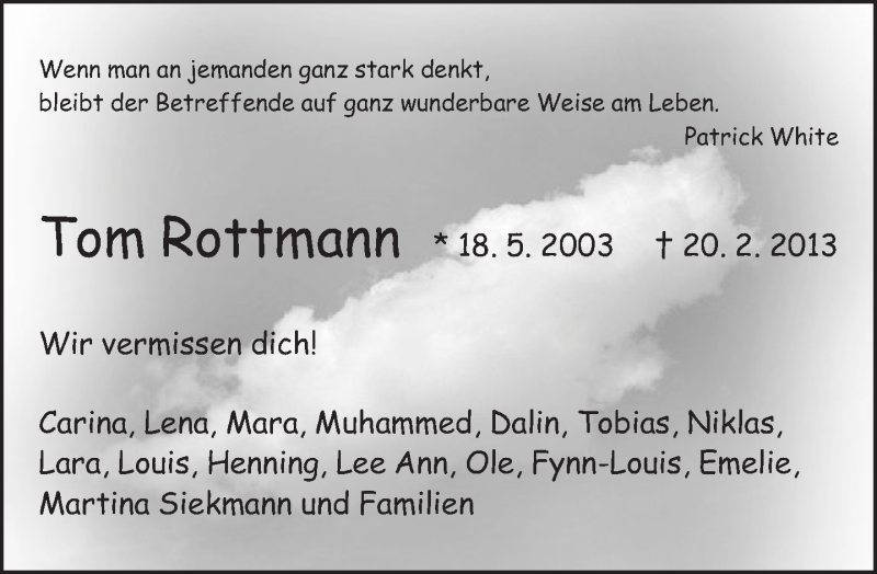  Traueranzeige für Tom Rottmann vom 26.02.2013 aus Neue Westfälische