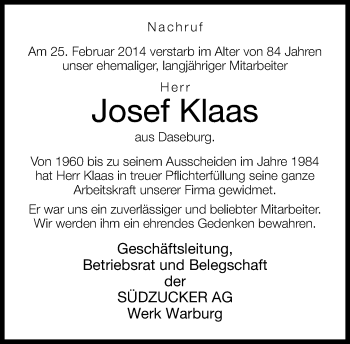 Traueranzeige von Josef Klaas von Neue Westfälische