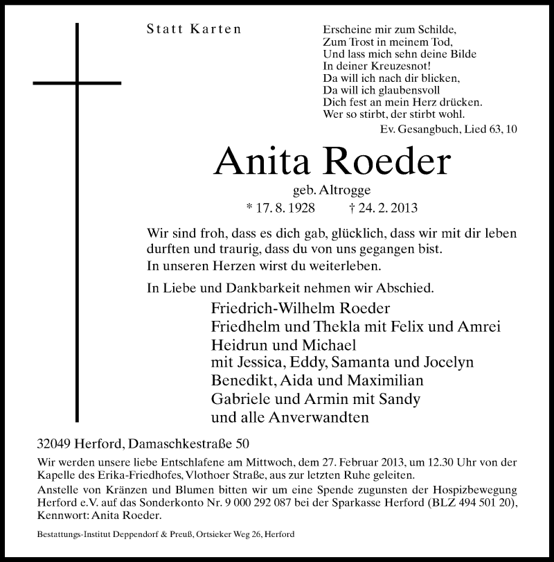  Traueranzeige für Anita Roeder vom 26.02.2013 aus Neue Westfälische