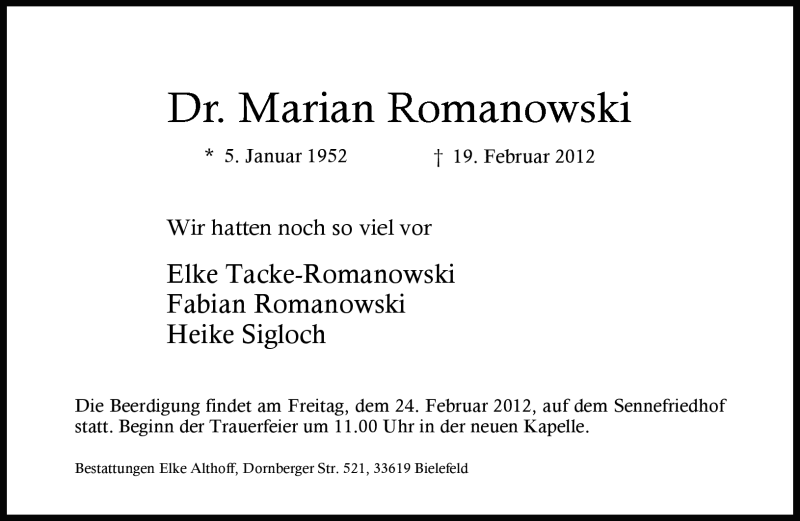  Traueranzeige für Marian Romanowski vom 22.02.2012 aus Neue Westfälische
