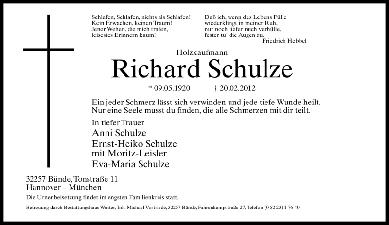 Traueranzeige für Richard Schulze vom 22.02.2012 aus Neue Westfälische