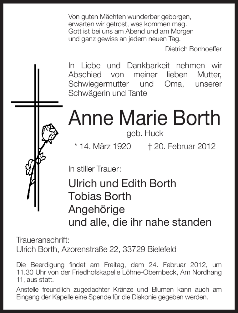  Traueranzeige für Anne Marie Borth vom 22.02.2012 aus Neue Westfälische