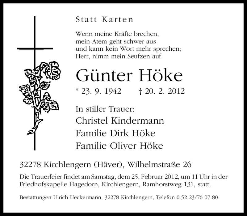  Traueranzeige für Günter Höke vom 22.02.2012 aus Neue Westfälische