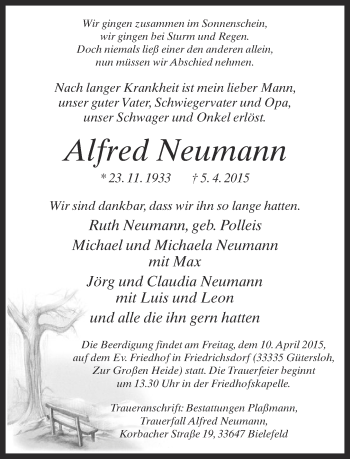 Traueranzeige von Alfred Neumann von Neue Westfälische