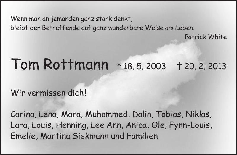  Traueranzeige für Tom Rottmann vom 27.02.2013 aus Neue Westfälische
