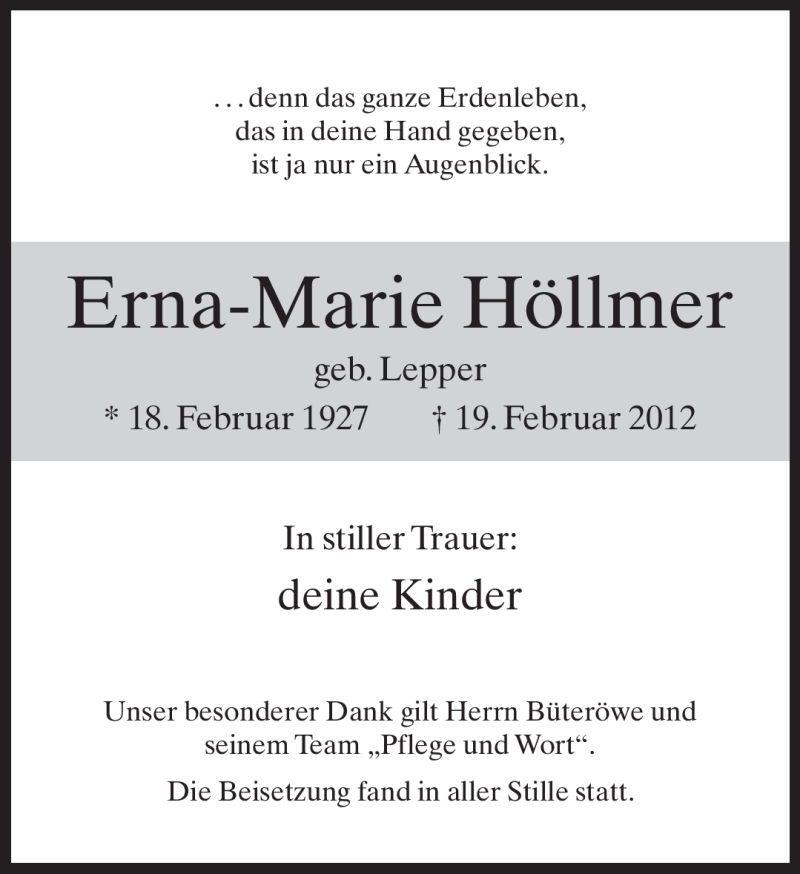  Traueranzeige für Erna-Marie Höllmer vom 23.02.2012 aus Neue Westfälische
