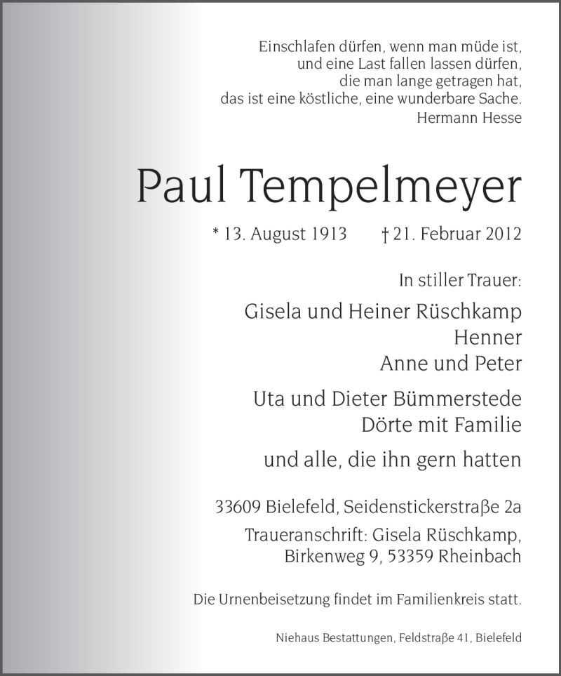  Traueranzeige für Paul Tempelmeyer vom 25.02.2012 aus Neue Westfälische
