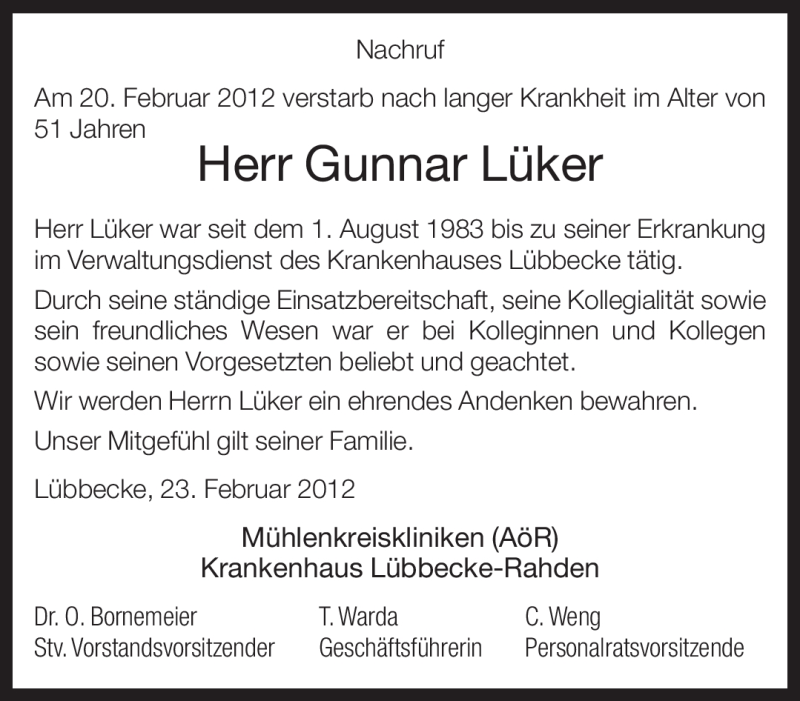  Traueranzeige für Gunnar Lüker vom 24.02.2012 aus Neue Westfälische