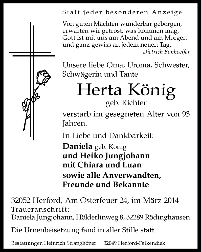  Traueranzeige für Herta König vom 03.03.2014 aus Neue Westfälische