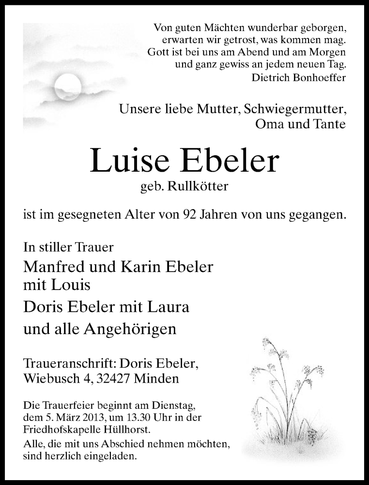  Traueranzeige für Luise Ebeler vom 01.03.2013 aus Neue Westfälische