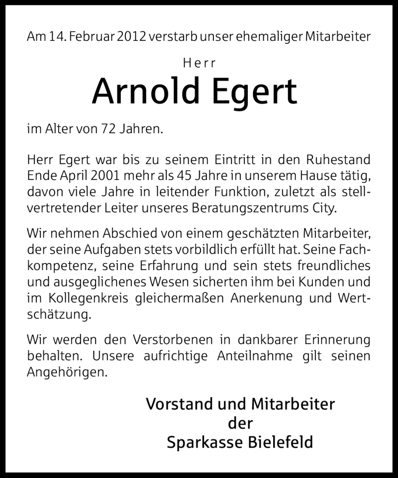  Traueranzeige für Arnold Egert vom 25.02.2012 aus Neue Westfälische