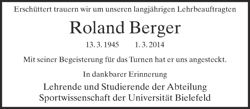  Traueranzeige für Roland Berger vom 05.03.2014 aus Neue Westfälische