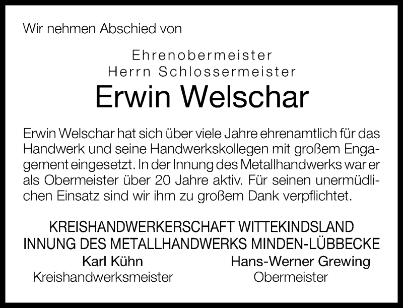  Traueranzeige für Erwin Welschar vom 05.03.2014 aus Neue Westfälische