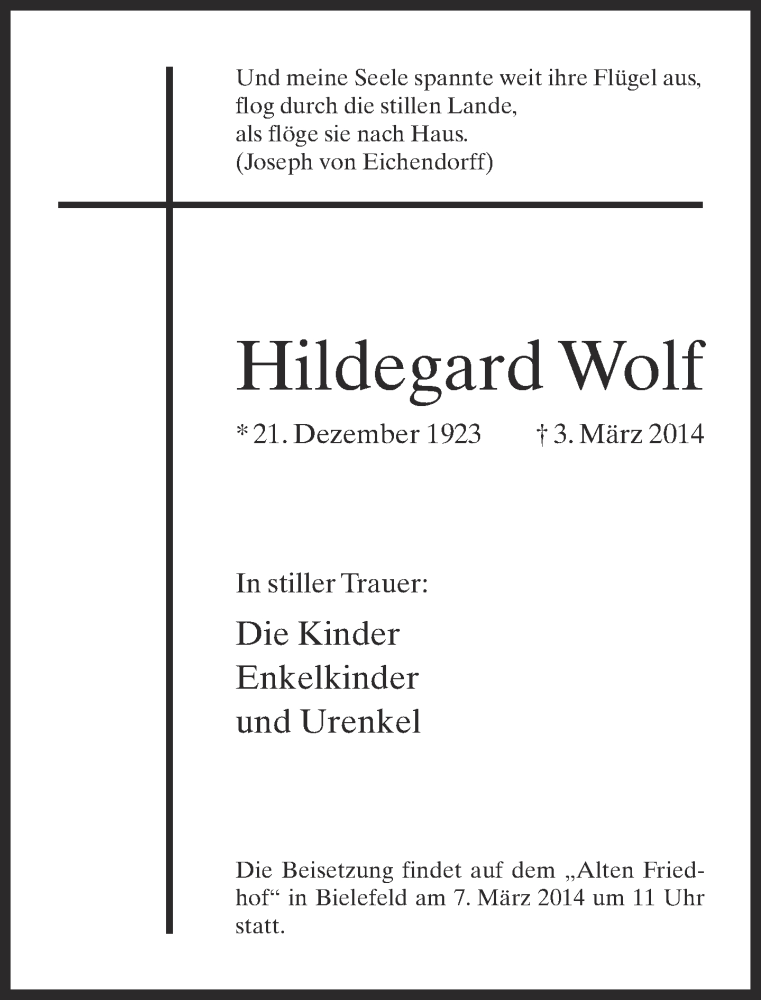  Traueranzeige für Hildegard Wolf vom 05.03.2014 aus Neue Westfälische