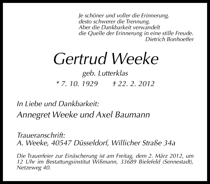  Traueranzeige für Gertrud Weeke vom 25.02.2012 aus Neue Westfälische