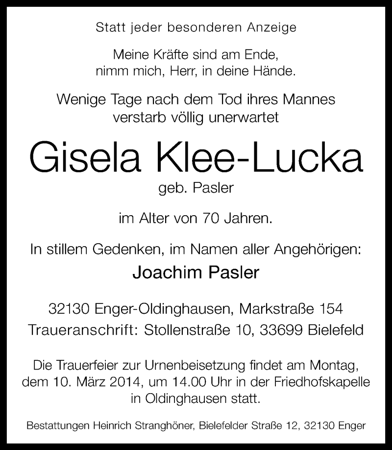  Traueranzeige für Gisela Klee-Lucka vom 06.03.2014 aus Neue Westfälische