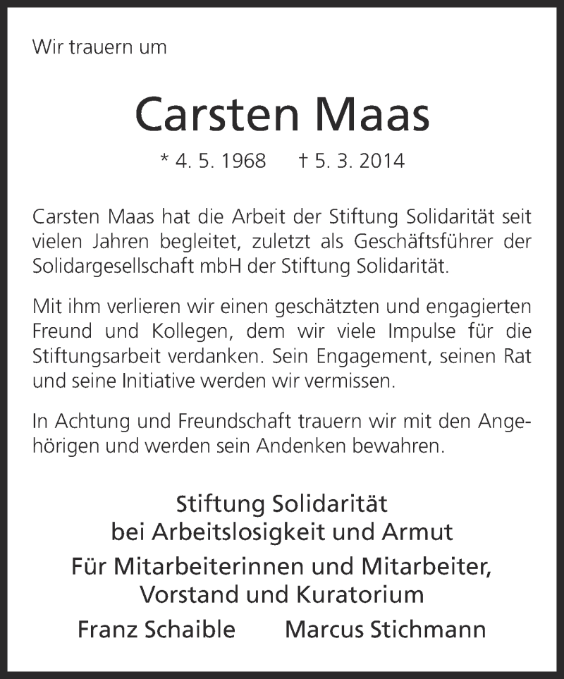  Traueranzeige für Carsten Maas vom 08.03.2014 aus Neue Westfälische