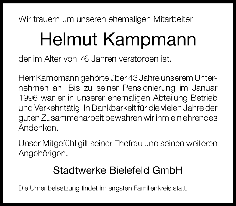  Traueranzeige für Helmut Kampmann vom 06.03.2014 aus Neue Westfälische