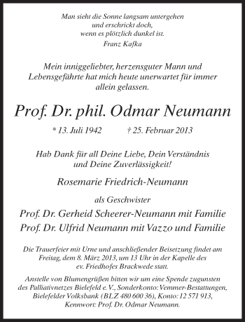 Traueranzeige von Odmar Neumann von Neue Westfälische