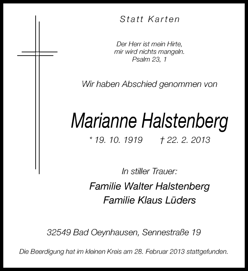  Traueranzeige für Marianne Halstenberg vom 02.03.2013 aus Neue Westfälische