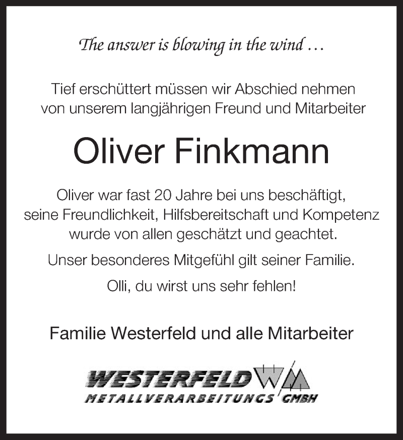  Traueranzeige für Oliver Finkmann vom 04.03.2013 aus Neue Westfälische