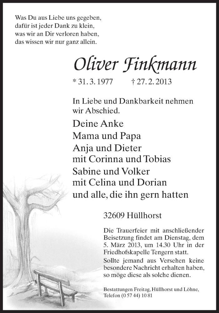  Traueranzeige für Oliver Finkmann vom 02.03.2013 aus Neue Westfälische