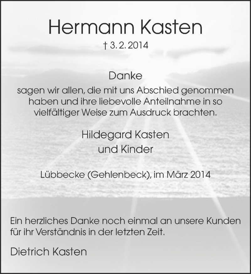  Traueranzeige für Herrmann Kasten vom 15.03.2014 aus Neue Westfälische