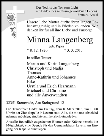 Traueranzeige von Minna Langenberg von Neue Westfälische