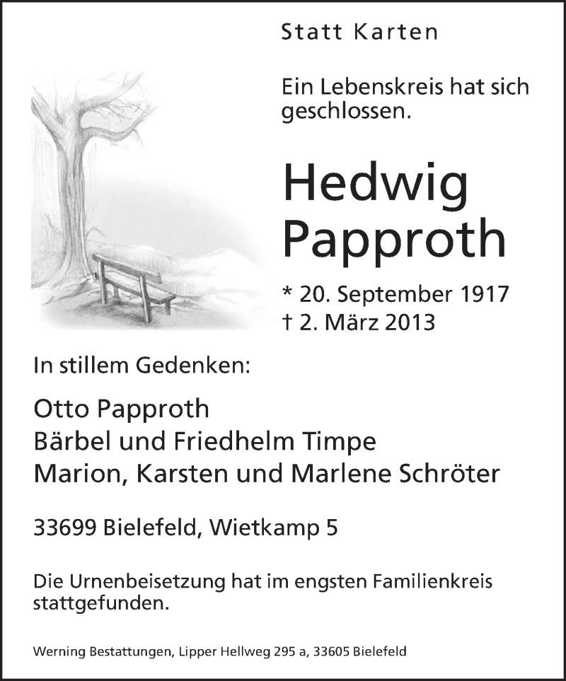  Traueranzeige für Hedwig Papproth vom 09.03.2013 aus Neue Westfälische