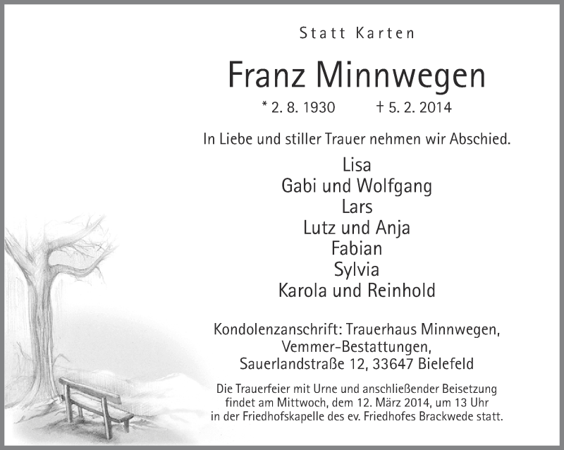  Traueranzeige für Franz Minnwegen vom 08.03.2014 aus Neue Westfälische