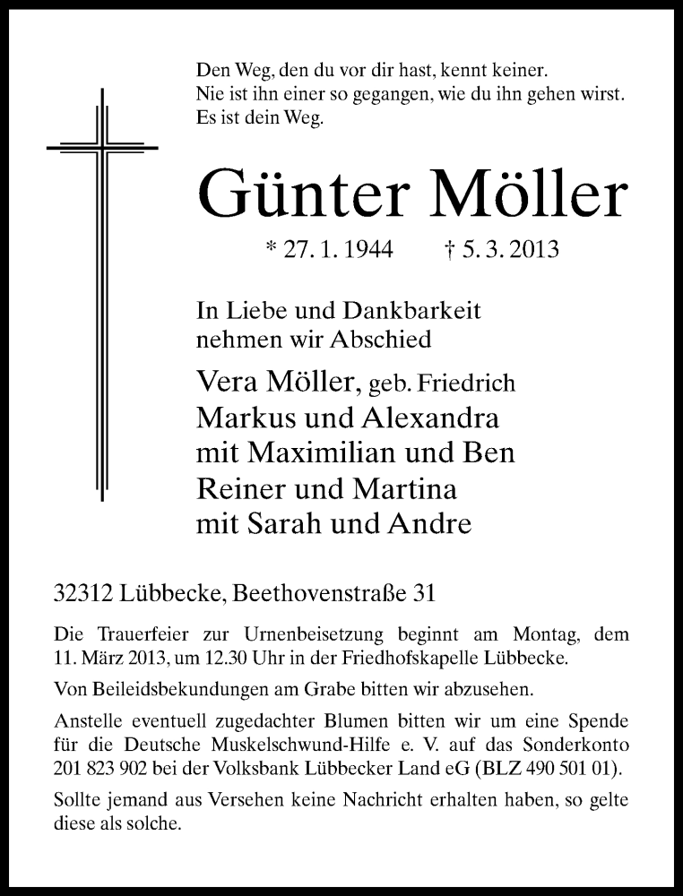  Traueranzeige für Günter Möller vom 07.03.2013 aus Neue Westfälische
