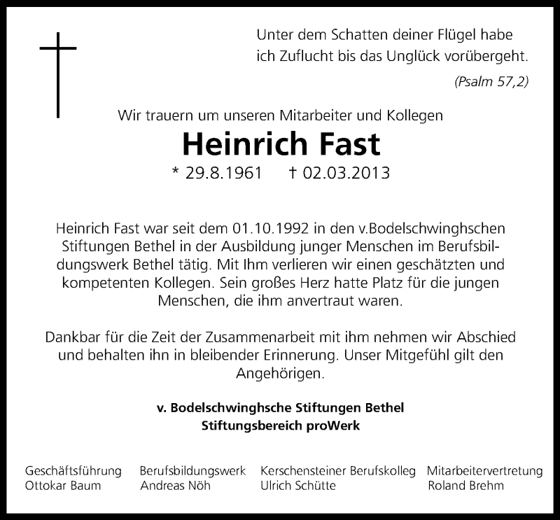  Traueranzeige für Heinrich Fast vom 07.03.2013 aus Neue Westfälische