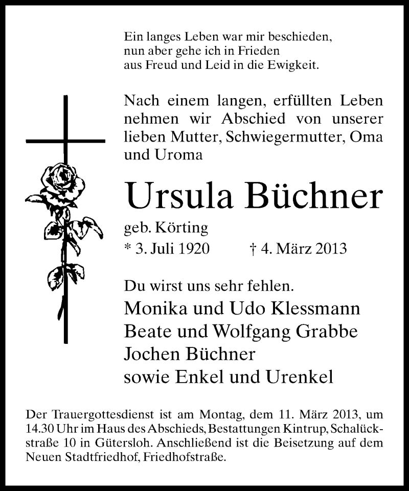  Traueranzeige für Ursula Büchner vom 07.03.2013 aus Neue Westfälische