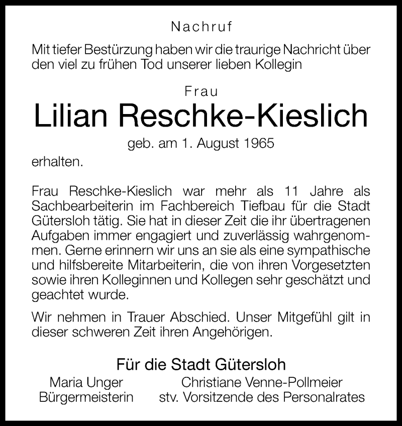  Traueranzeige für Lilian Reschke-Kieslich vom 09.03.2013 aus Neue Westfälische