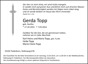 Traueranzeige von Gerda Topp von Neue Westfälische