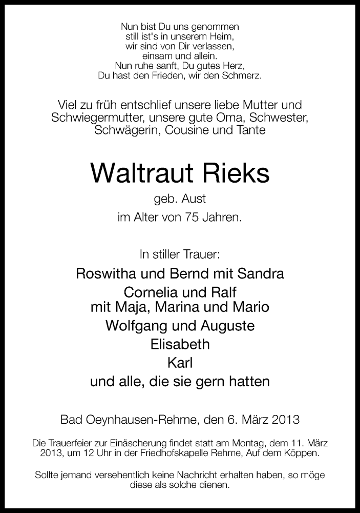  Traueranzeige für Waltraut Rieks vom 08.03.2013 aus Neue Westfälische
