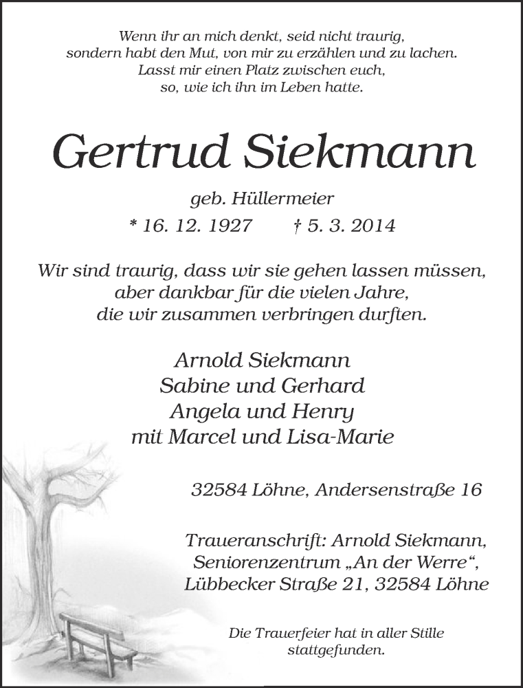  Traueranzeige für Gertrud Siekmann vom 12.03.2014 aus Neue Westfälische