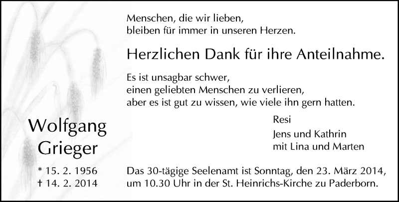  Traueranzeige für  Grieger  vom 15.03.2014 aus Neue Westfälische