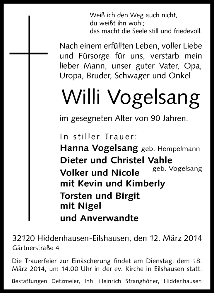  Traueranzeige für Willi Vogelsang vom 15.03.2014 aus Neue Westfälische