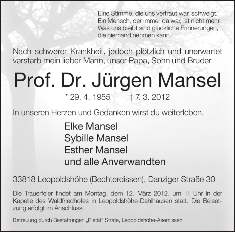  Traueranzeige für Jürgen Mansel vom 09.03.2012 aus Neue Westfälische