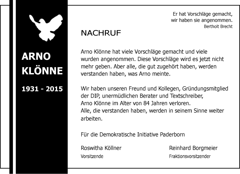  Traueranzeige für Arno Klönne vom 11.06.2015 aus Neue Westfälische