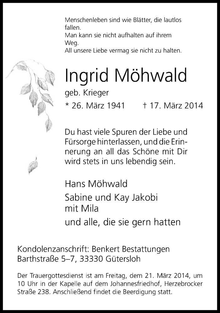  Traueranzeige für Ingrid Möhwald vom 19.03.2014 aus Neue Westfälische