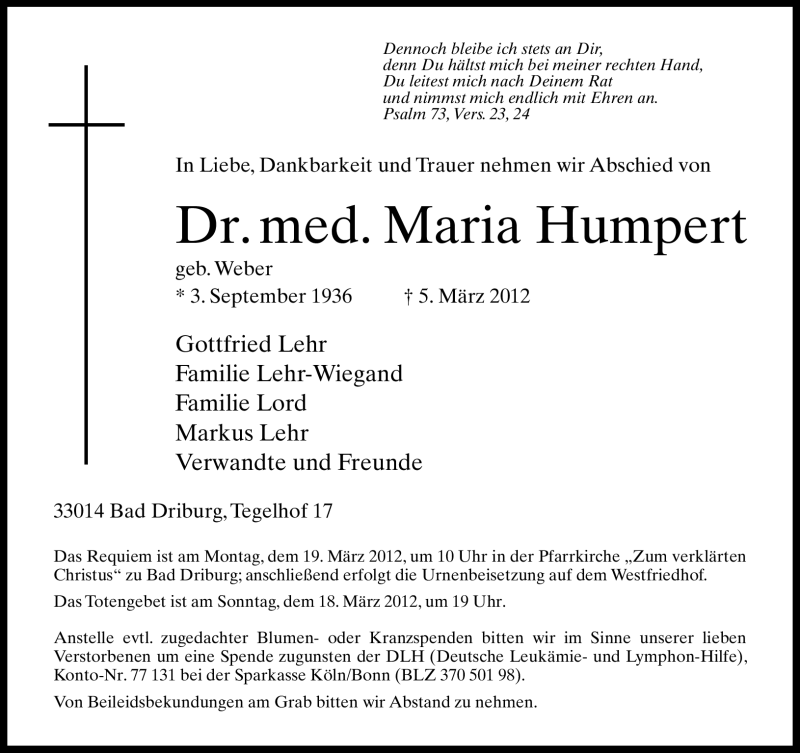  Traueranzeige für Maria Humpert vom 10.03.2012 aus Neue Westfälische
