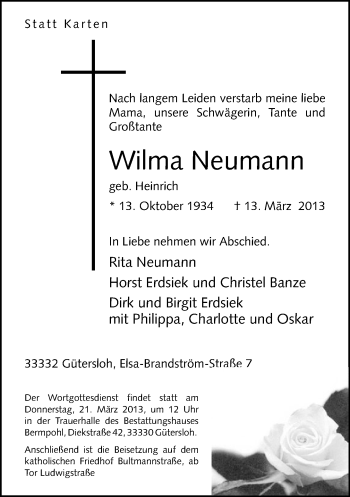 Traueranzeige von Wilma Neumann von Neue Westfälische